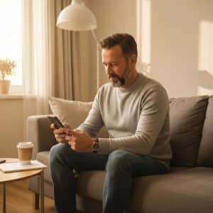 Person browsing a mobile-friendly mortgage website in a cozy home environment