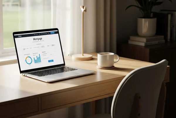 Cozy home office with a laptop displaying a mortgage website, emphasizing comfort and professionalism