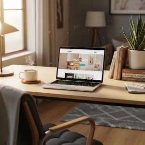 Cozy home office with a laptop showcasing mortgage website design, emphasizing comfort and professionalism