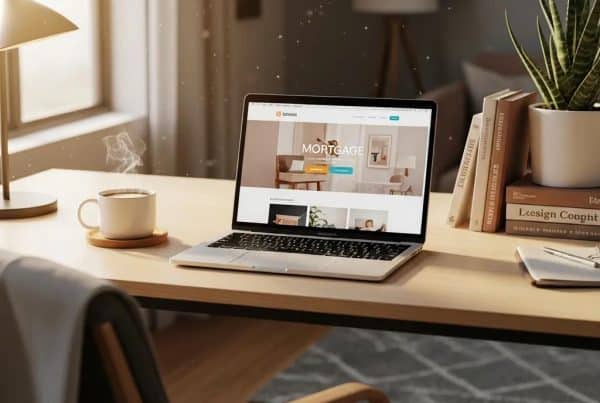 Cozy home office with a laptop showcasing mortgage website design, emphasizing comfort and professionalism