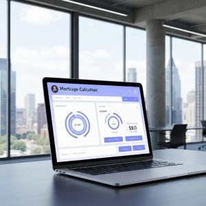 Custom mortgage calculator interface on a laptop, showcasing branding and user engagement in financial technology