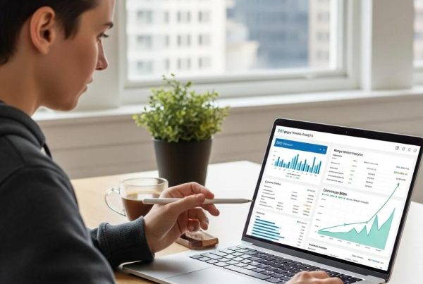 Person analyzing SEO data on a laptop in a modern workspace, highlighting the importance of SEO for mortgage websites
