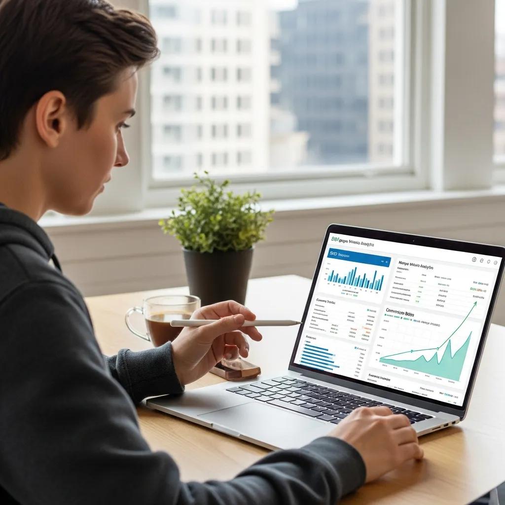 Person analyzing SEO data on a laptop in a modern workspace, highlighting the importance of SEO for mortgage websites