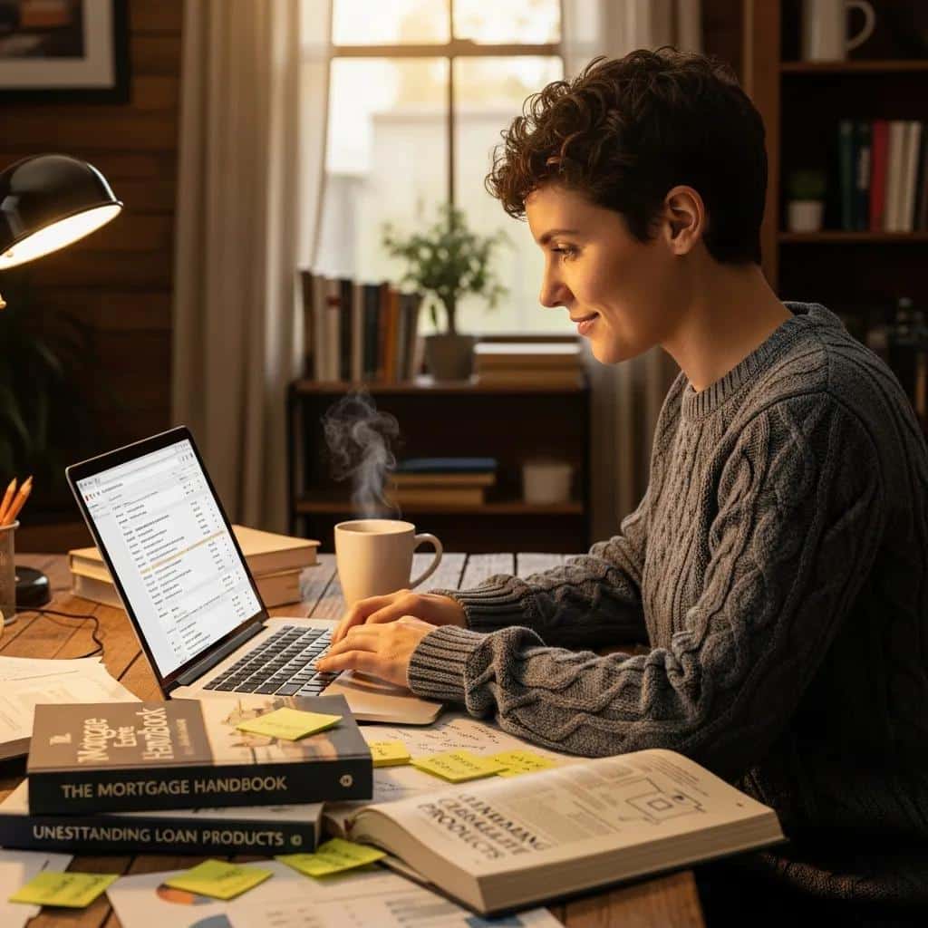 Person conducting mortgage keyword research at a home office desk, surrounded by books and notes, emphasizing focus and dedication