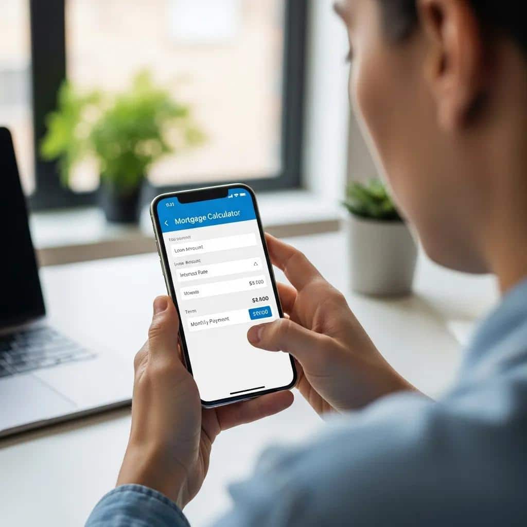 Person using a mobile device to access a mortgage calculator at a desk