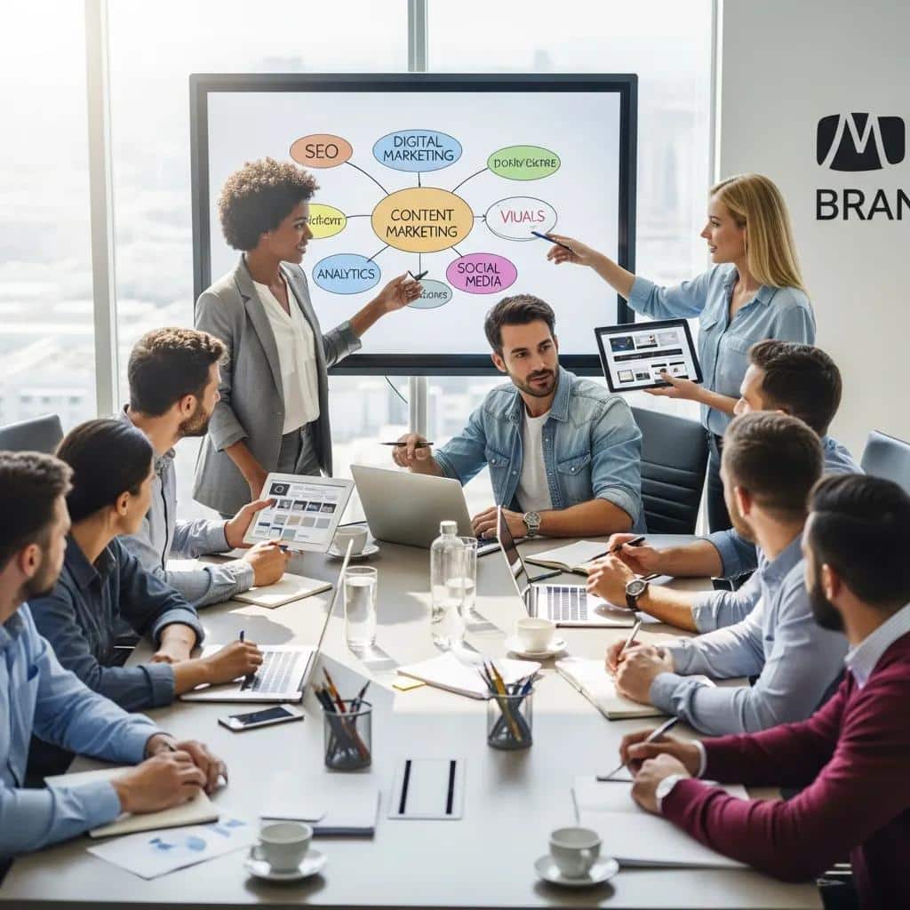 Professionals collaborating on mortgage marketing strategies in a bright conference room