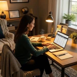 Cozy home office with a loan officer working on a laptop, emphasizing reliable mortgage website hosting