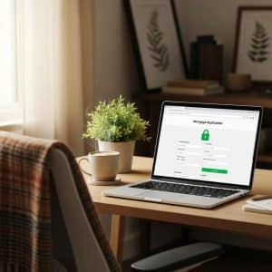 Cozy mortgage lender office with a laptop showing a secure website, emphasizing mortgage website security