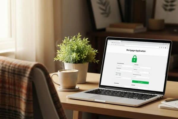 Cozy mortgage lender office with a laptop showing a secure website, emphasizing mortgage website security