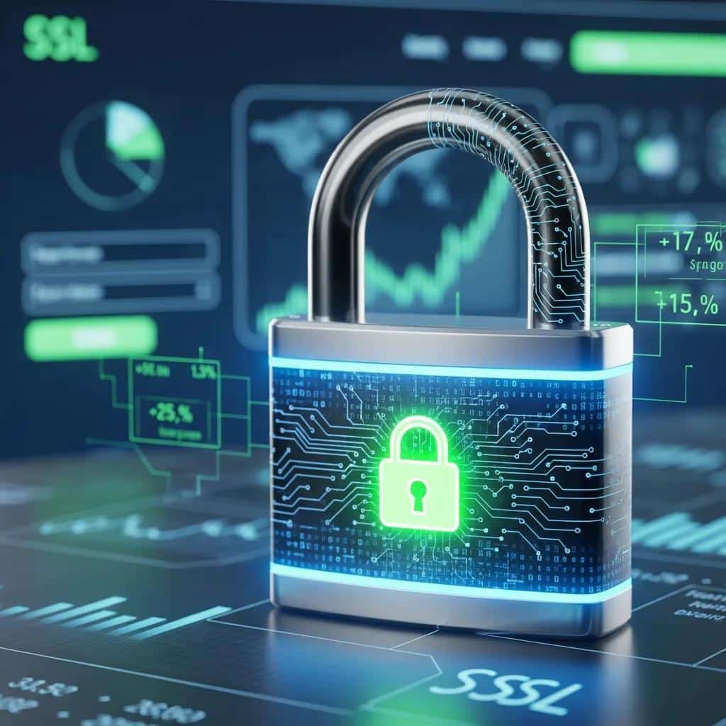 Digital padlock symbolizing SSL security for financial websites, highlighting the importance of encryption