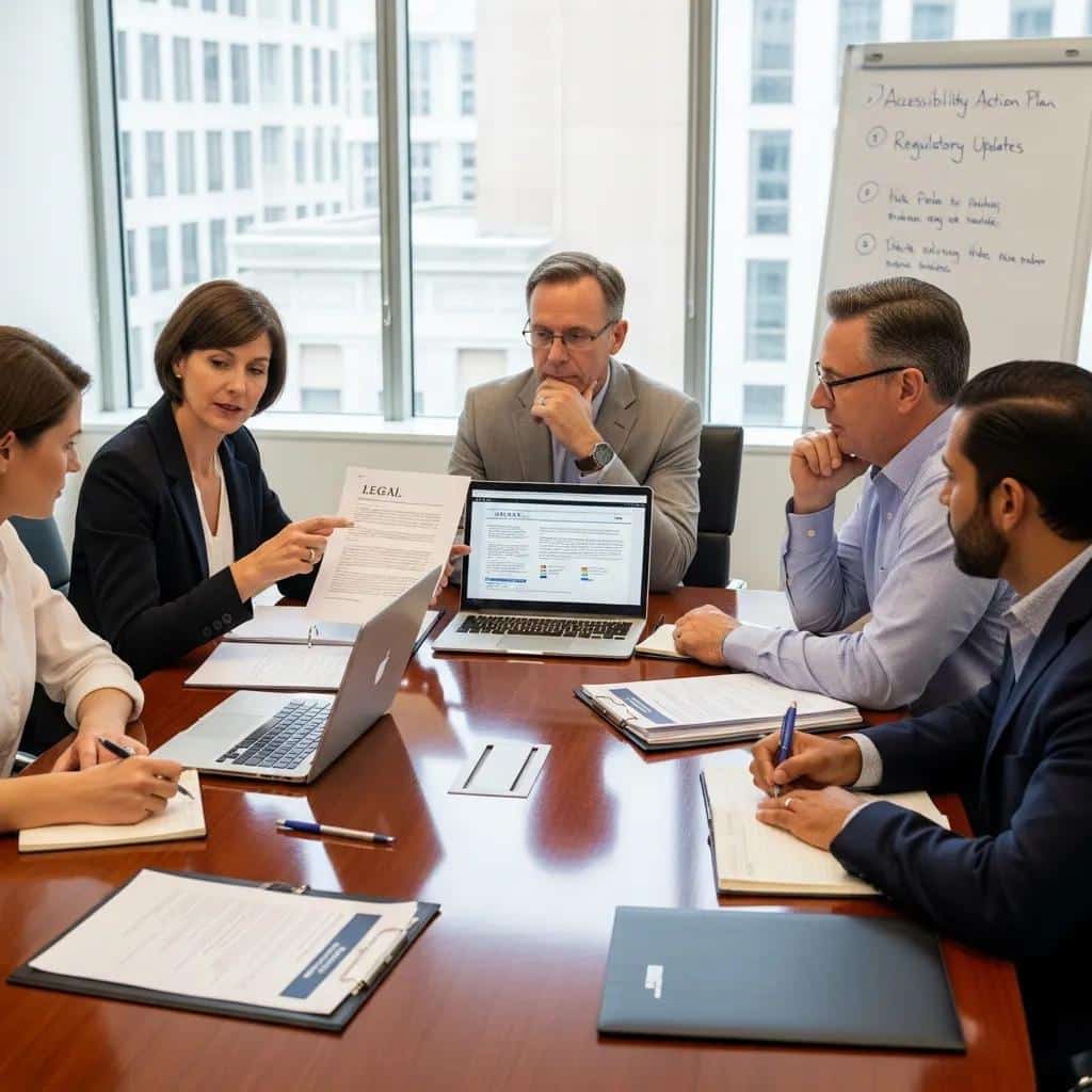 Mortgage lenders discussing ADA compliance strategies in a professional meeting