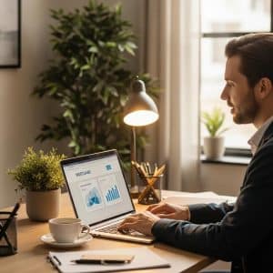 Mortgage loan officer working in a cozy office environment, emphasizing professionalism and approachability