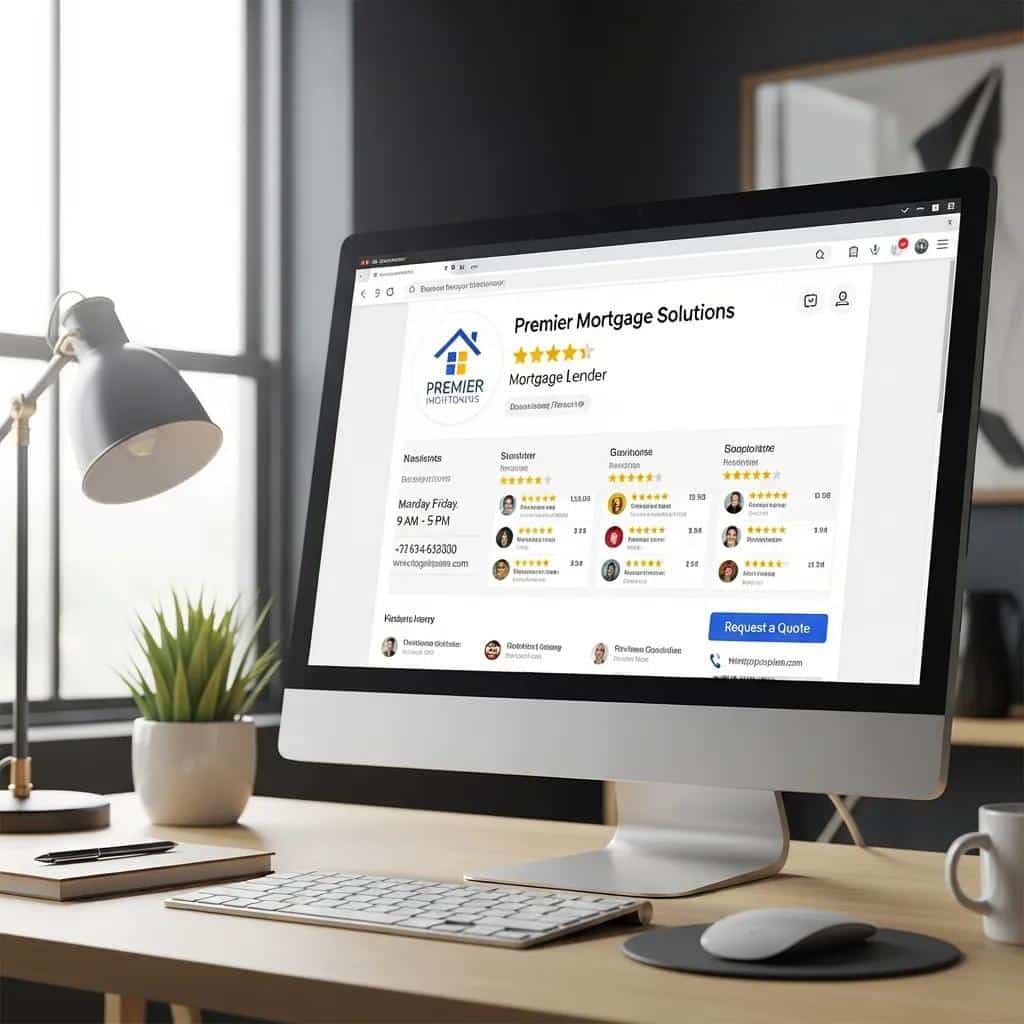 Optimized Google Business Profile for a mortgage lender showcasing reviews and contact details