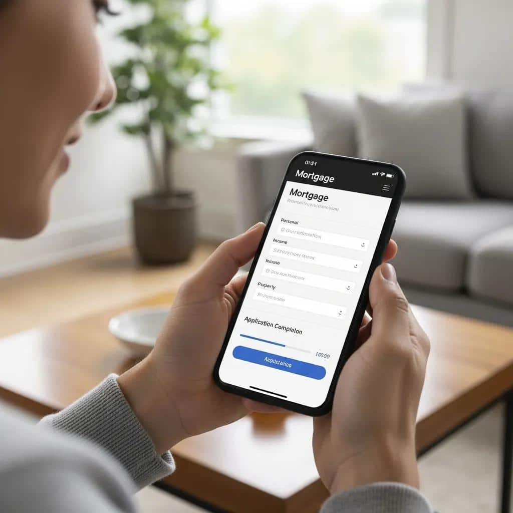 User browsing a mortgage website on a mobile device in a modern living room, illustrating mobile responsiveness