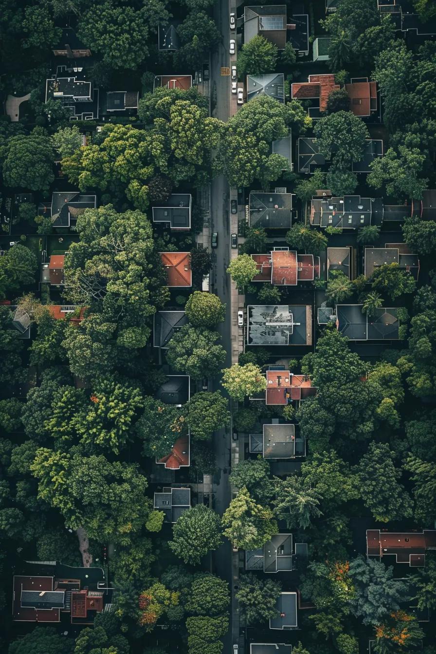 top view of homes with streets and trees no text no lettering
