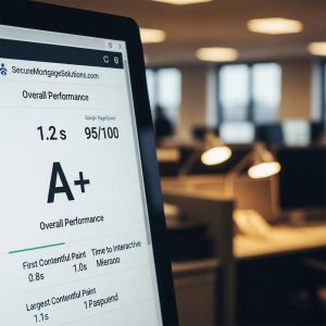 Close-up of a speed test result for a mortgage website, highlighting optimization techniques