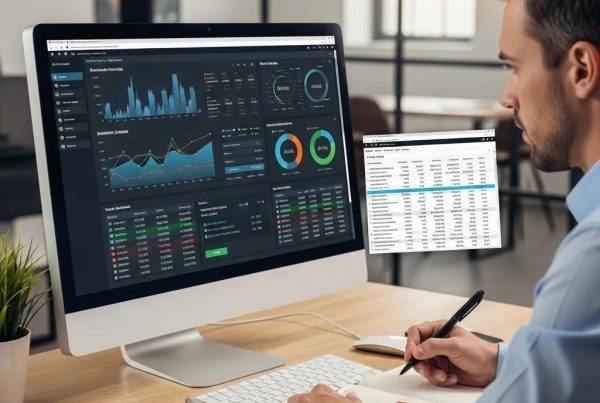 Loan officer analyzing backlink data on a computer, focusing on SEO tools