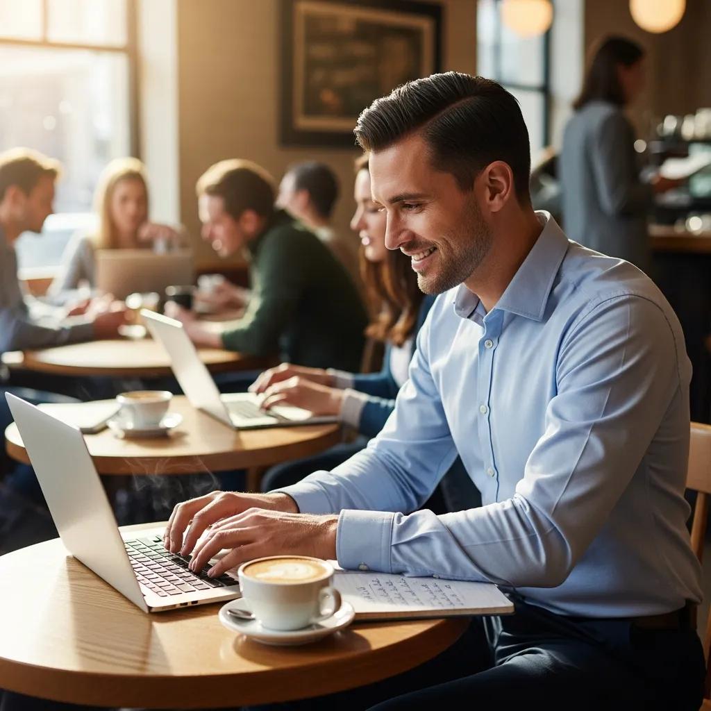 Loan officer guest blogging in a coffee shop, emphasizing link building tactics