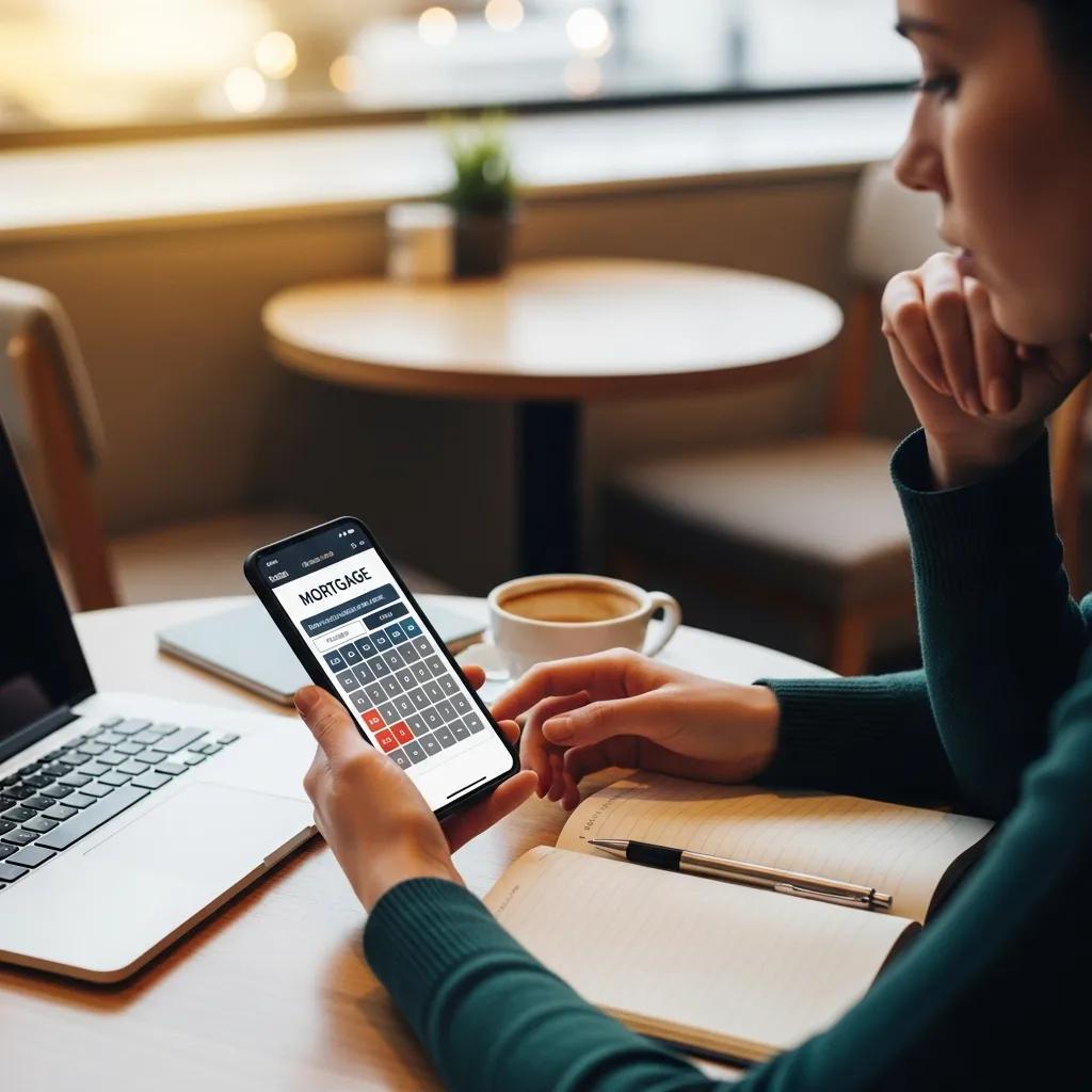 Person using a mobile device for mortgage calculations in a café setting, illustrating responsive design